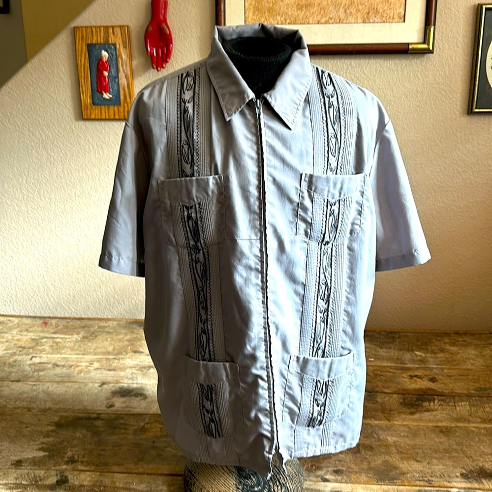 Haband Guayabera Shirt Men's XLarge Gray Full Zip Hawaiian Cuban Tiki Beach VG